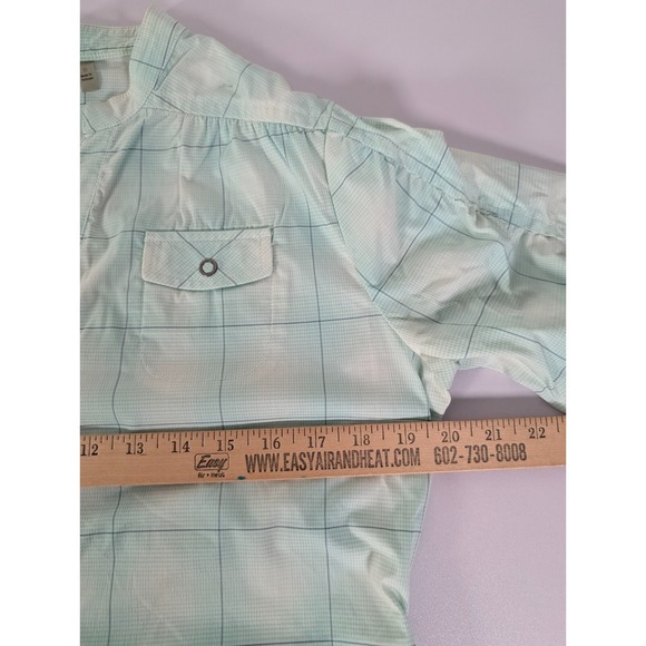 Athleta Top Women's Medium Green Plaid Long Roll Tab Sleeve Pockets Hiking - Picture 9 of 14